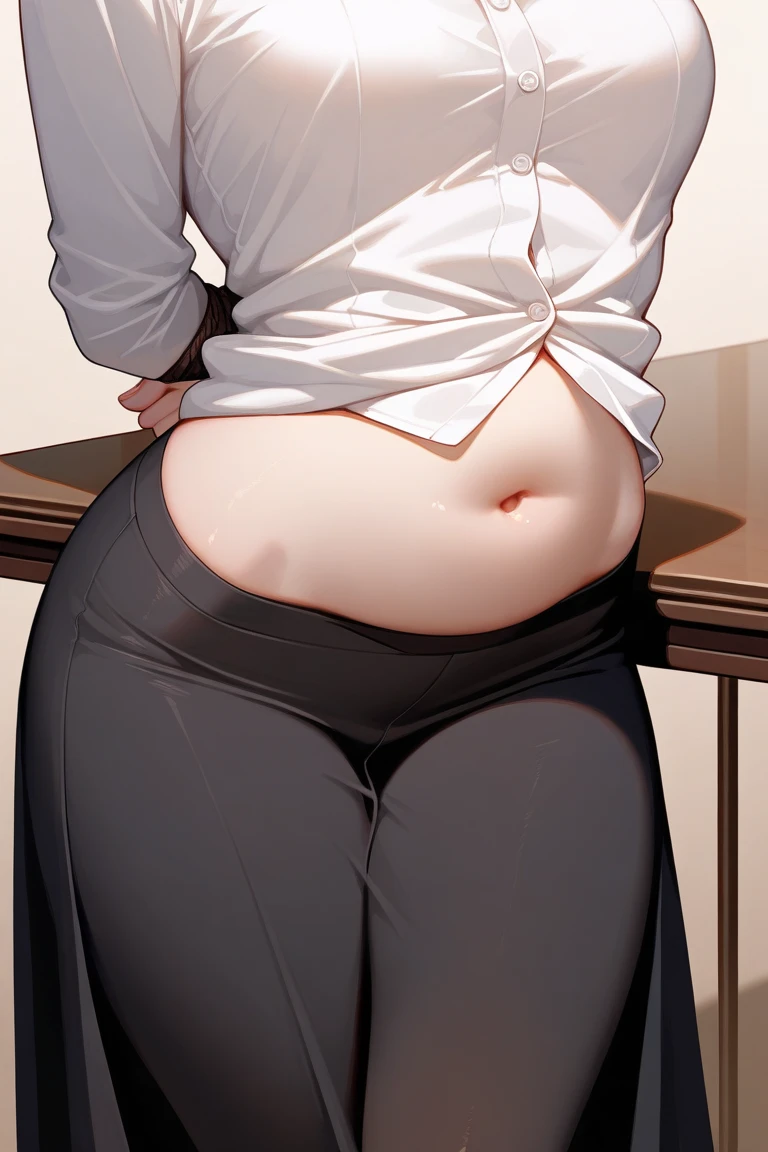 super fine illustration, vibrant colors, masterpiece, sharp focus, best quality, depth of field, cinematic lighting, ultra detailed, sleeves, cropped business blazers, pencil skirt, office lady, belly button, bare midriff, hips, 1 woman, home, solo, milf, slender, blush, angry, room, indoors, mature female, tall woman, looking down, v-shaped eyebrows,  medium breasts, pantyhose