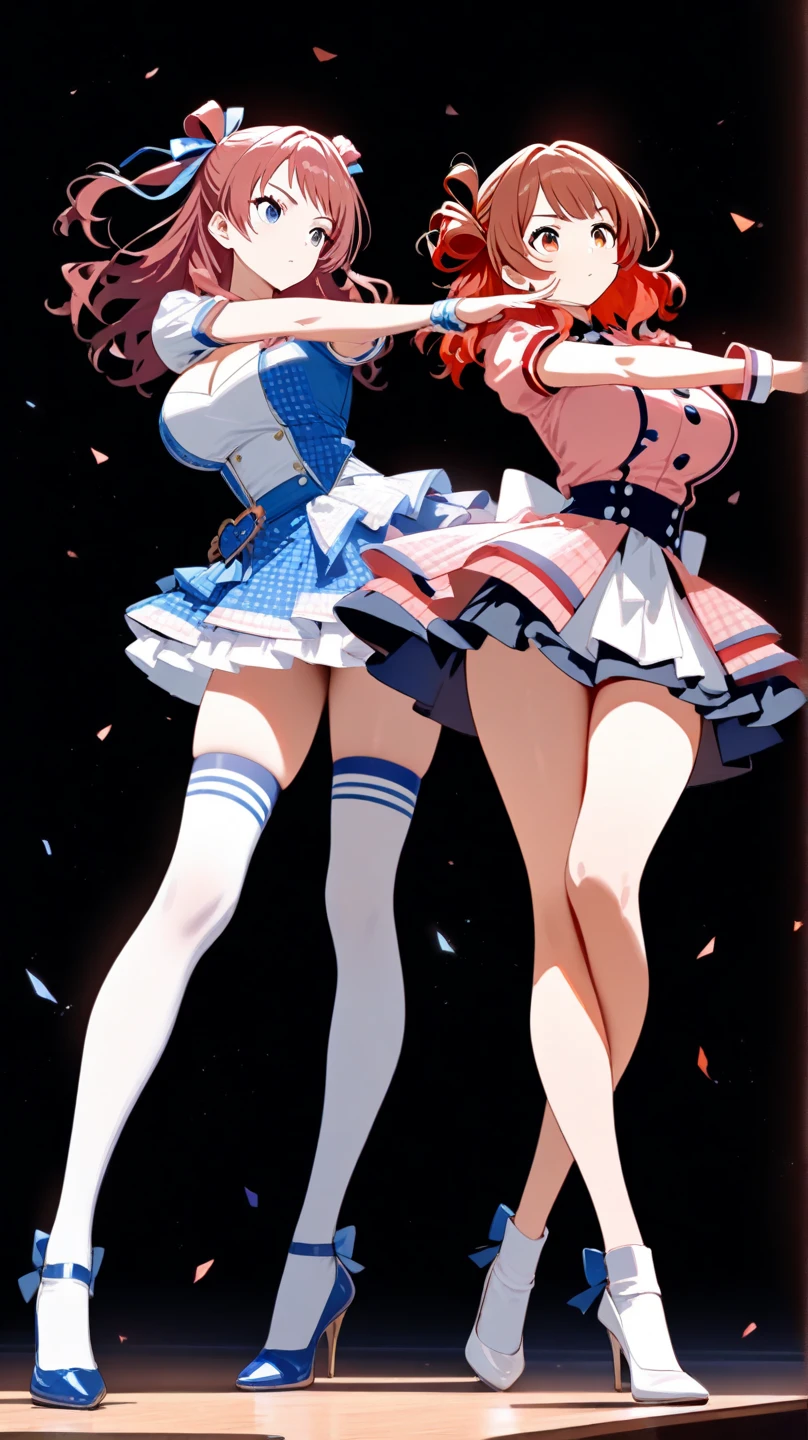 ((best quality)), ((masterpiece)), (detailed), perfect face, anime, 2 girls, white sailor uniformsuit, shoulders exposed, sleeveless, red tie, short hair ,dark brown hair, blue eyes, thighs, dark blue skirt, black knee-high socks, leather shoes, full-length, rear angle, turn around, smile , hands back, strong wind, twist hips, angle from below, arm cover, middle waist, butt out