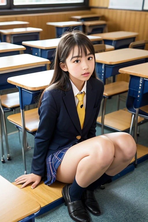 ((Highest quality、8k、masterpiece:1.3))、Dramatic lighting、Beautiful woman、girl、Huge boobs:1.3、(Strong Abs、Slim figure:1.1)、classroom、On the desk、Well, deep、非常に精巧なrefer to、refer to5Book、Highly detailed face、Detailed Lip、fine grain、double eyelid、Huge 、Big Breasts、Beautiful waist、Beautiful woman、とてもBig Breasts、super Big Breasts、Gal、Heavy makeup、ややBig Breasts、She has quite Big Breasts、blonde hair、blonde、Long Hair、Uniform appearance、high school girl uniform、mini skirt、Full body photo、Sitting cross-legged、Angle from below、Picture below、I can see up to my ankles、Spread your legs、No pants、The female genitals are in full view、