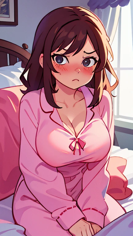 Sexy woman, eyes closed, mouth open, very deep blush, tip of the nose is red, long neck, off shoulder pink sweater, medium chest, visible cleavage, bedroom, warm lighting ,in bed