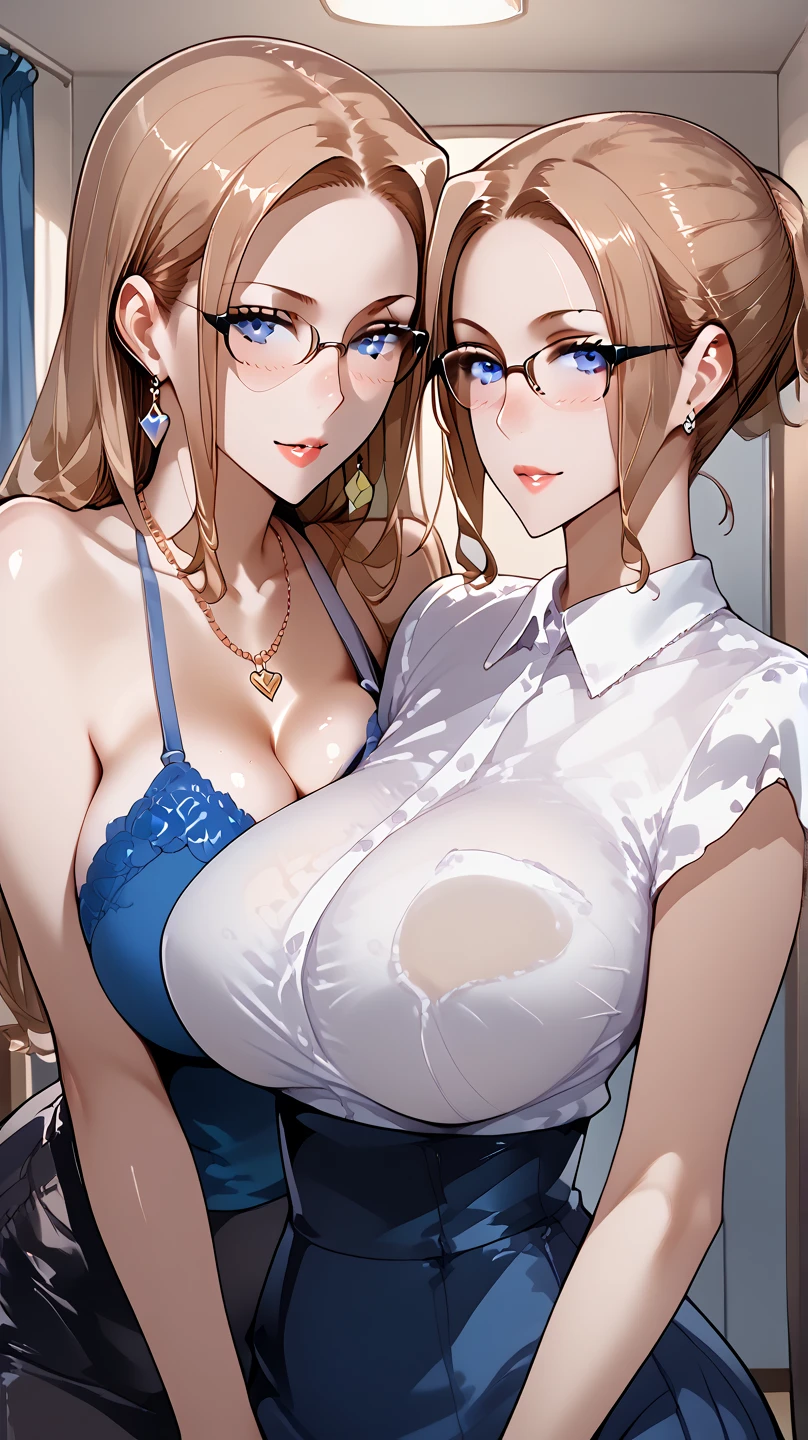 High resolution, 2D anime style,,{{red and gold eyes}} beautiful eyes,high and beautiful nose,beautiful face,ruby red long hair,Cool adult woman,Chest is slightly larger,she looks very happy,;s lips, she was very angry, she wears glasses,she narrows her eyes,Fashion that shows cleavage, {{studying by the window with earphones in my ears}}.clean cityscape at night, {{big breasts}}, working at pc, {{she is wearing a white long dress com decote frente unica }}