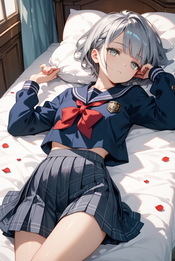 Young girl with grey hair, ((fringed and curly hair)),((curly short twintail)), curly hair ,(red eyes),, ((small bushy eyebrows)), wearing gothic lolita clothing, lolicon , walking to school, bored look, bored face, , lifting her skirt to show her vagina wet with semen, having sex