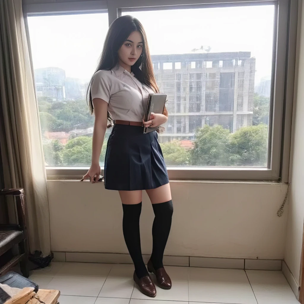 realistic, extremely detailed, 8k, trending on ArtStation, Intricate, High Detail, Sharp focus, cute high school girl, beautiful, standing, indohighschool uniform, black wavy hair, school hallway, cute, photorealistic, full body, detailed, high quality, wearing pink panties, bottomless, visible panties