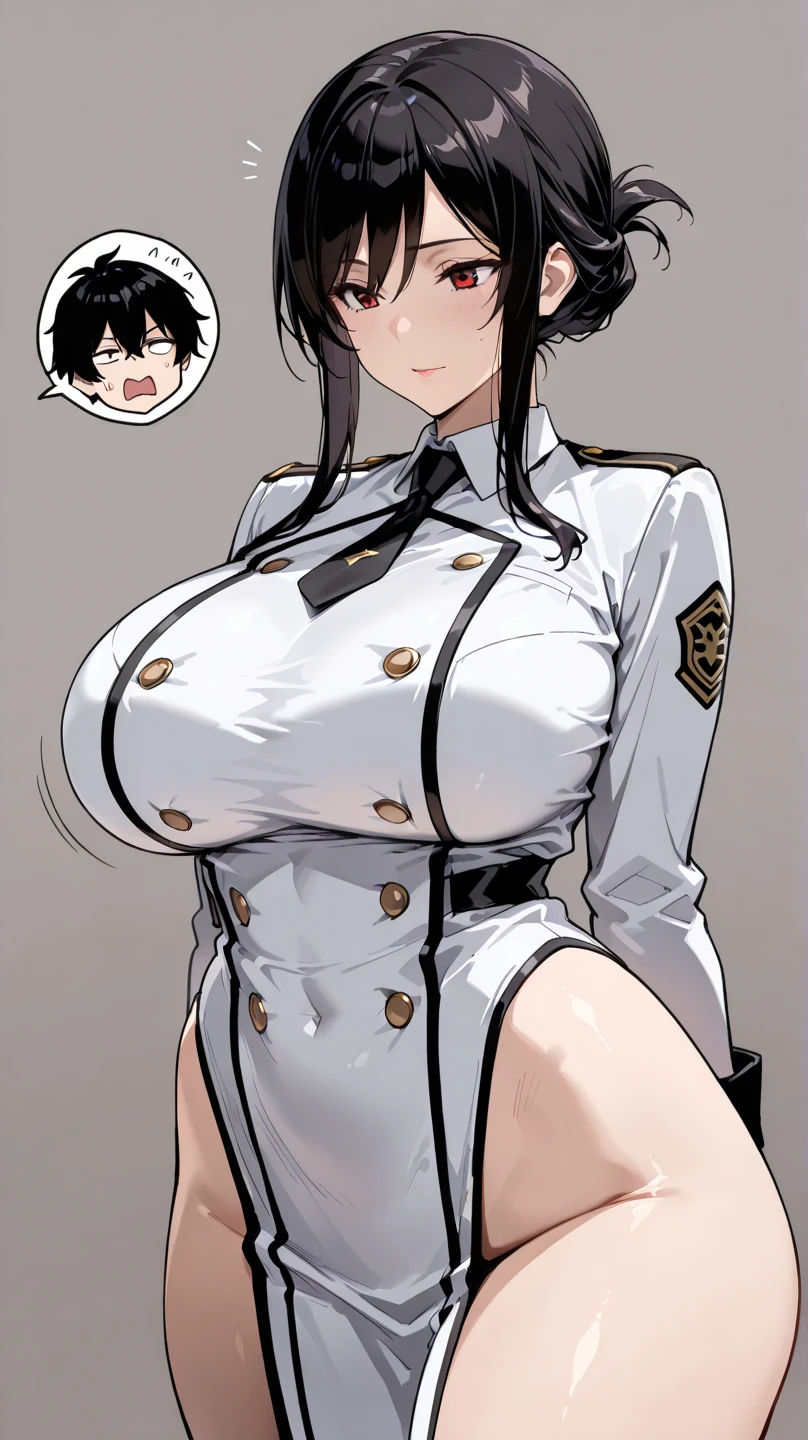 (masterpiece, best quality:1.2), aka6, 1girl, pearky breasts, slim body, solo, skirt, cleavage, blush, uniform, bob cut, black hair, bent over, sweatdrop, leaning forward, smirk