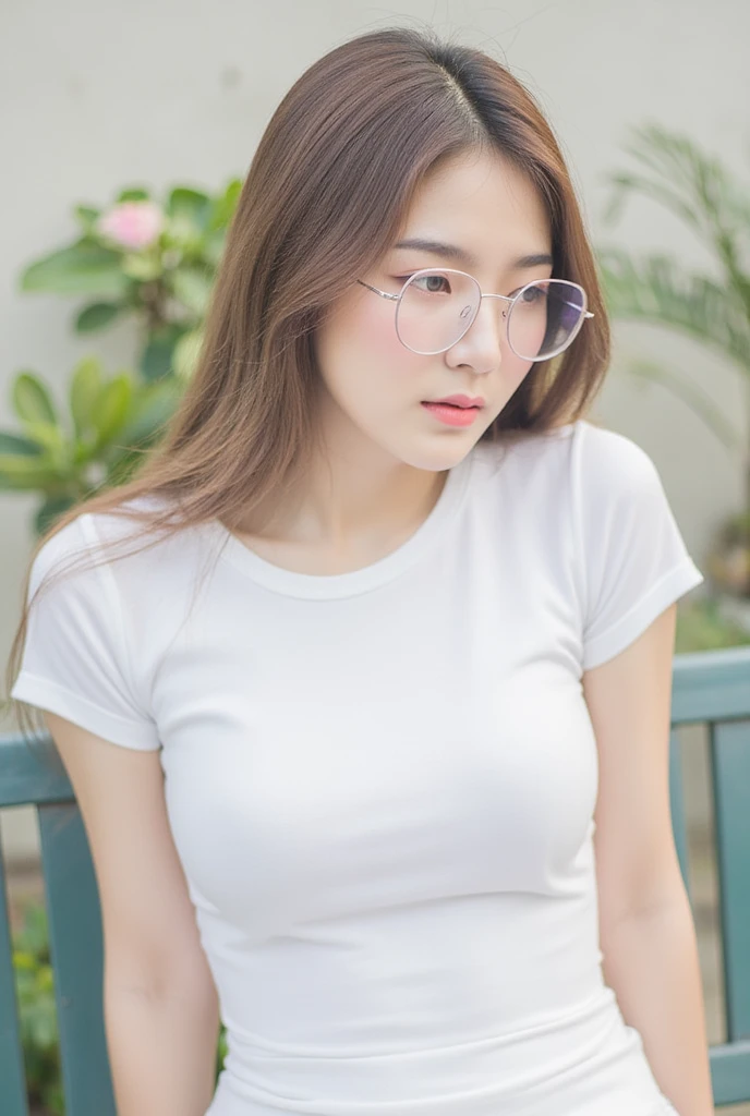 a cute woman, beautiful detailed eyes, arms up,upper body, beautiful detailed lips, extremely detailed eyes and face, long eyelashes, slender body, thin face, delicate features, flawless porcelain skin, glistening sweat, ultra-fine fingers, best ratio four finger and one thumb, realistic, oversized T-shirt, mini skirt, one-person viewpoint, Fuji Film, F/1.2, 8K, masterpiece, nffsw, super detail, high quality, best quality, high resolution, glasses, mole under right eye,