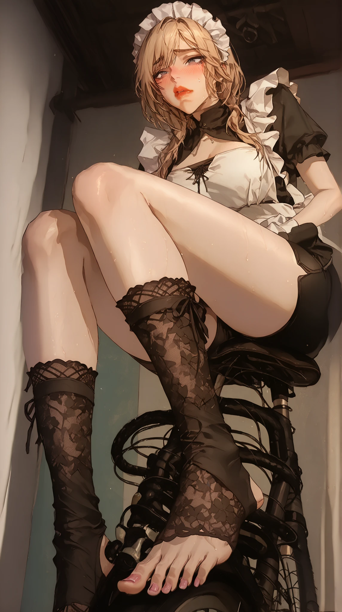 (masterpiece:1.3),(best quality, highest quality),((Full Body Shot,Including face)),1girl,4K,masterpiece,((Focus on the face)),((Symmetrical facial features)),Beautiful woman,slender,Beautiful feet,((enamel,Gloss,Striped long skirt,High heels,black garter stockings)),Detailed depiction of the face(,Climb the spiral staircase:1.5),corset,Back view