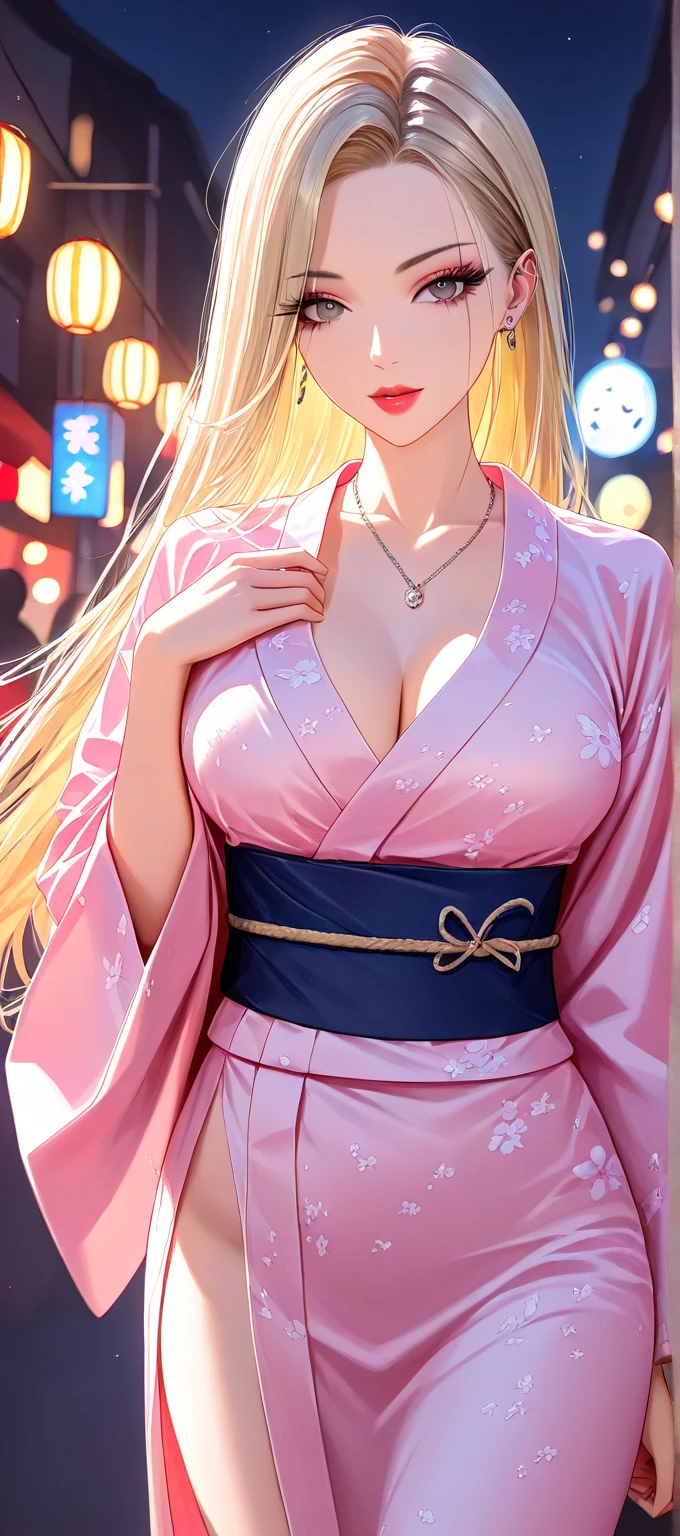 (masterpiece、Highest quality、Very detailed、8K)、One Woman、18-year-old、blonde、Big Breasts、Pink kimono、stand、(Angle from below)