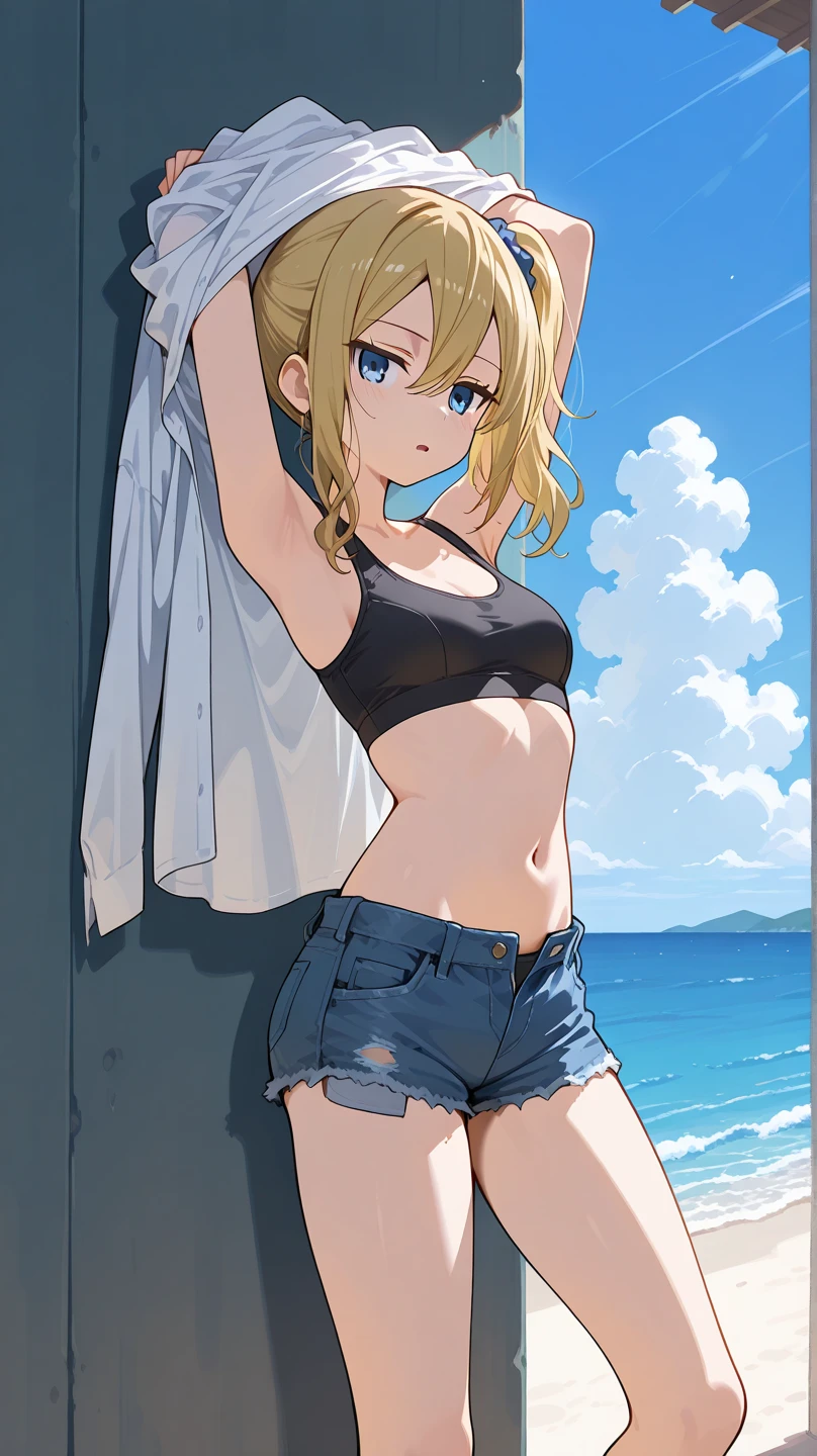 a girl in shorts with hat on standing on the beach holding a baseball, 1girl, solo, navel, shorts, shirt, short sleeves, baseball cap, stomach, hat, white shirt, blonde hair, looking at viewer, midriff, crop top, breasts, purple eyes, braid, arm up, cowboy shot, crop top overhang, short shorts, black headwear, black shorts, collarbone, long hair, parted lips, denim shorts, ponytail, medium breasts
