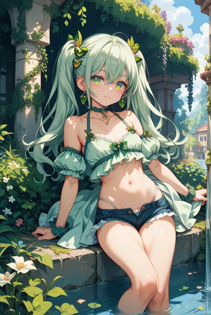 Kindergarten girl like a fairy Girl with white-purple hair Metallic Gun Joylono Micro Bikini Yellow-green light lace skirt Curve House Bright indoor in the forest Farbe々Plants and flowers Like Urusei Yatsura no Ram-chan Industrial metallic mask wearing in the near future