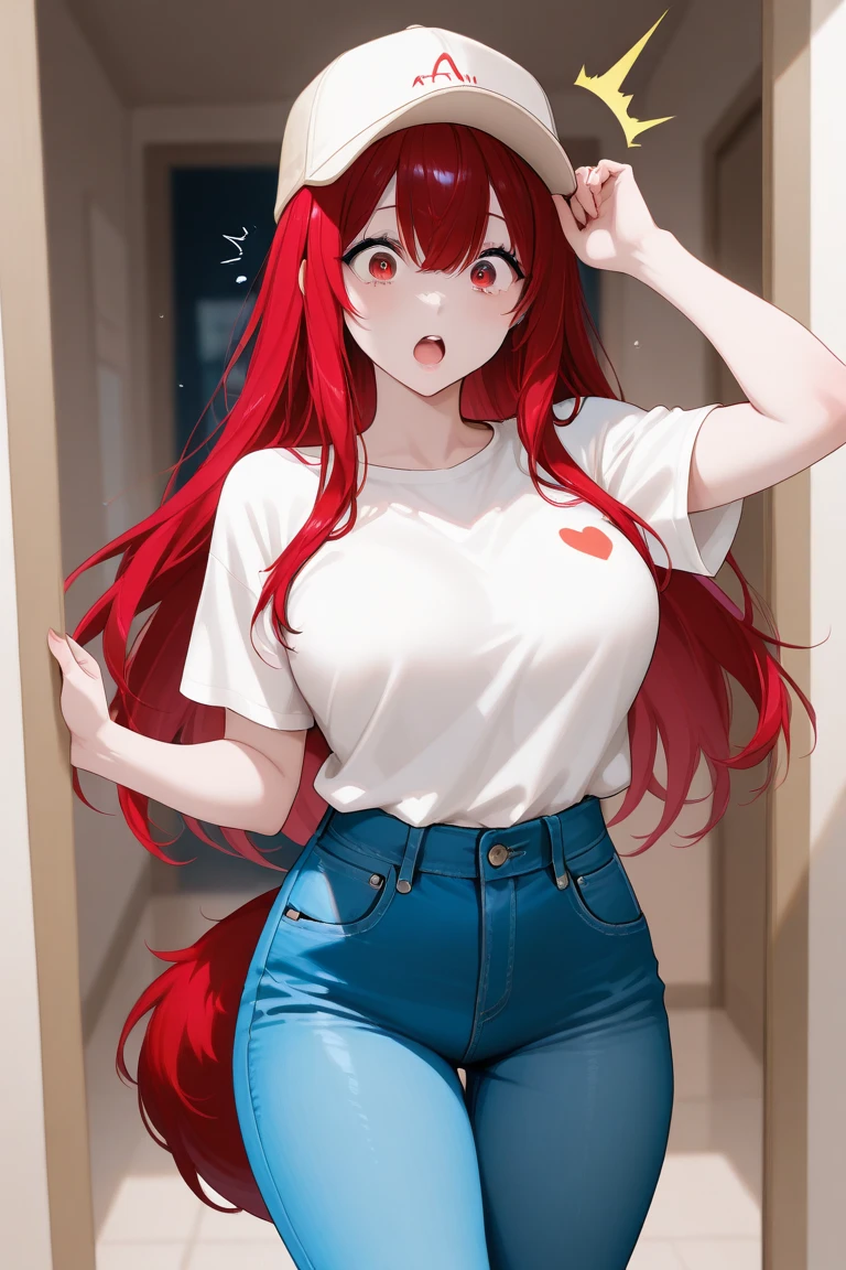Peeing、Girl with long hair and underwear、A girl goes to the toilet、Look away、It stands、embarrassed from、Blushing、Red hair and red eyes、Keep your mouth shut、A street(The girl is peeing):0.4)、Liquid in pants