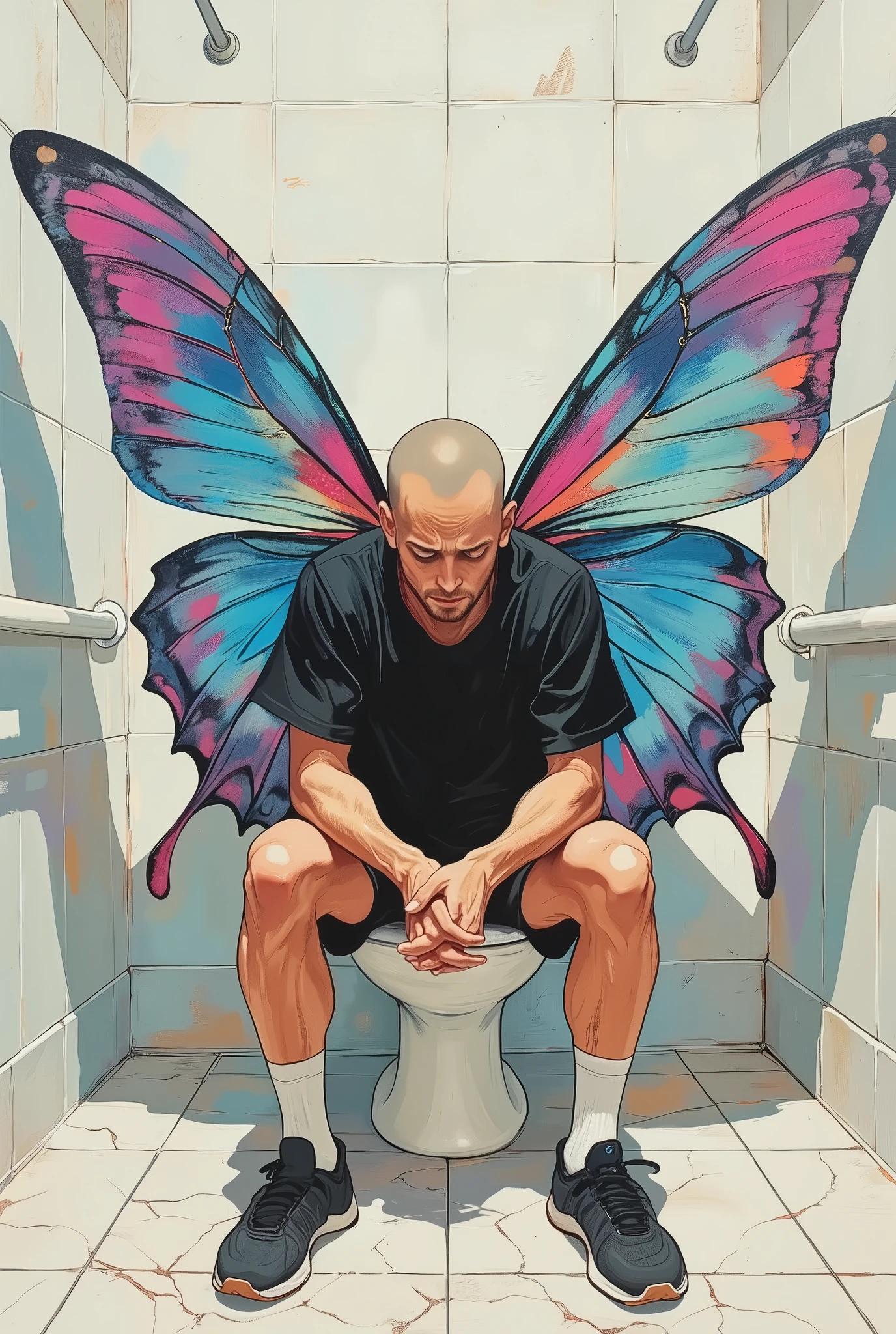 acrylic painting style, expressive brush strokes, a 30-something man in a black athletic ping pong uniform, shaved head, no eyebrows, sitting on a modern white porcelain toilet in a stark white restroom stall, elbows resting on knees, hands clasped tightly, deep stress lines on his face, eyes looking down with intense pressure and exhaustion, sweat on his brow, vivid and oversized butterfly wings in iridescent blue and magenta colors extending from his back, surreal artistic contrast between psychological burden and delicate beauty, cracked tile textures, soft shadows, spotlight-style lighting, emotional depth, inspired by Ping Pong anime, high detail, artistic masterpiece