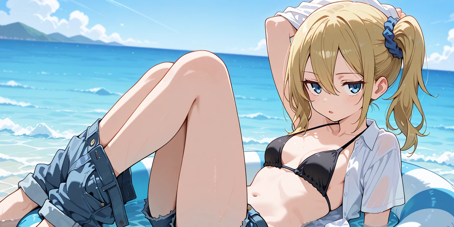 (masterpiece, best quality:1.2),1girl, (solo), Android 18 from Dragon Ball, ((string bikini, black bikini, side-tie bikini bottom, thigh gap)), lying on stomach, medium breasts, blunt bangs, blonde short hair, (black eyes), earrings on earlobes, slim, slender feminine figure, skinny body, blush, sky, magnificent view, blur background, 4K, open mouth, beach, smile, (Sandy Beach), beautiful butt, side boob, sun, Mt.Fuji