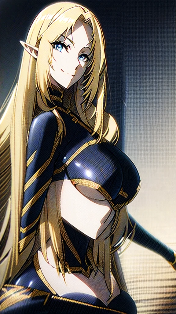 fullnude,1girl in, 独奏, Blonde_hair, spiky_Ears, Bright eye, Blue_Eyes, long_hair, Sexy mature appearance, intensegaze, 4K resolution, ​masterpiece, hight resolution, illustratio, extremely delicate and beautiful, ighly detailed, 上半身_Body, 鎖骨, cleavage of the breast, Medium_breasts, Thigh_Strap, fıt body, Sexy muscles, covered six pack belly, Covered_Navel, Bedroom, up looking_で_viewer, perfect hips, perfect  eyes, perfect hand, Perfect fingers、perfect leg、perfect thighs、Perfectly drawn anatomy、,fullnude,You can see the female genitals in detail, Open your legs wide, Seated Pose, Hide your hands behind your body, fullnude,