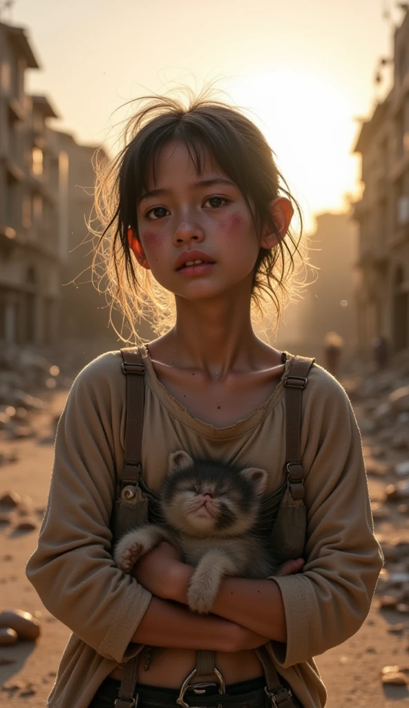 (photorealism), beautiful girl, (( girl)), full body, holds a kitten, sits on ruins, dirt on the face, bloody face, war, destroyed buildings in background, realistic, intricate details, realistic photo, sad girl, crying girl, post apocalypsis, tears on the face, dirty clothes