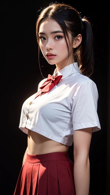 there is a woman in a white shirt with a Red ribbon on her chest, Nivan Chanthala, White ribbon, Profile photo 1024px, Red only, Sawan Duchani, Red ribbon, A wonderful masterpiece, Zia, 18-year-old, red、white, peaceful, Yuri Bang, sakimi chan, Wearing the principal's uniform, Big firm Breasts, hard nipples, Sexy, Sharp Eyes, Break, dynamic sexy poses, sweat, Add Light Red, Intricate details, Splash screen,