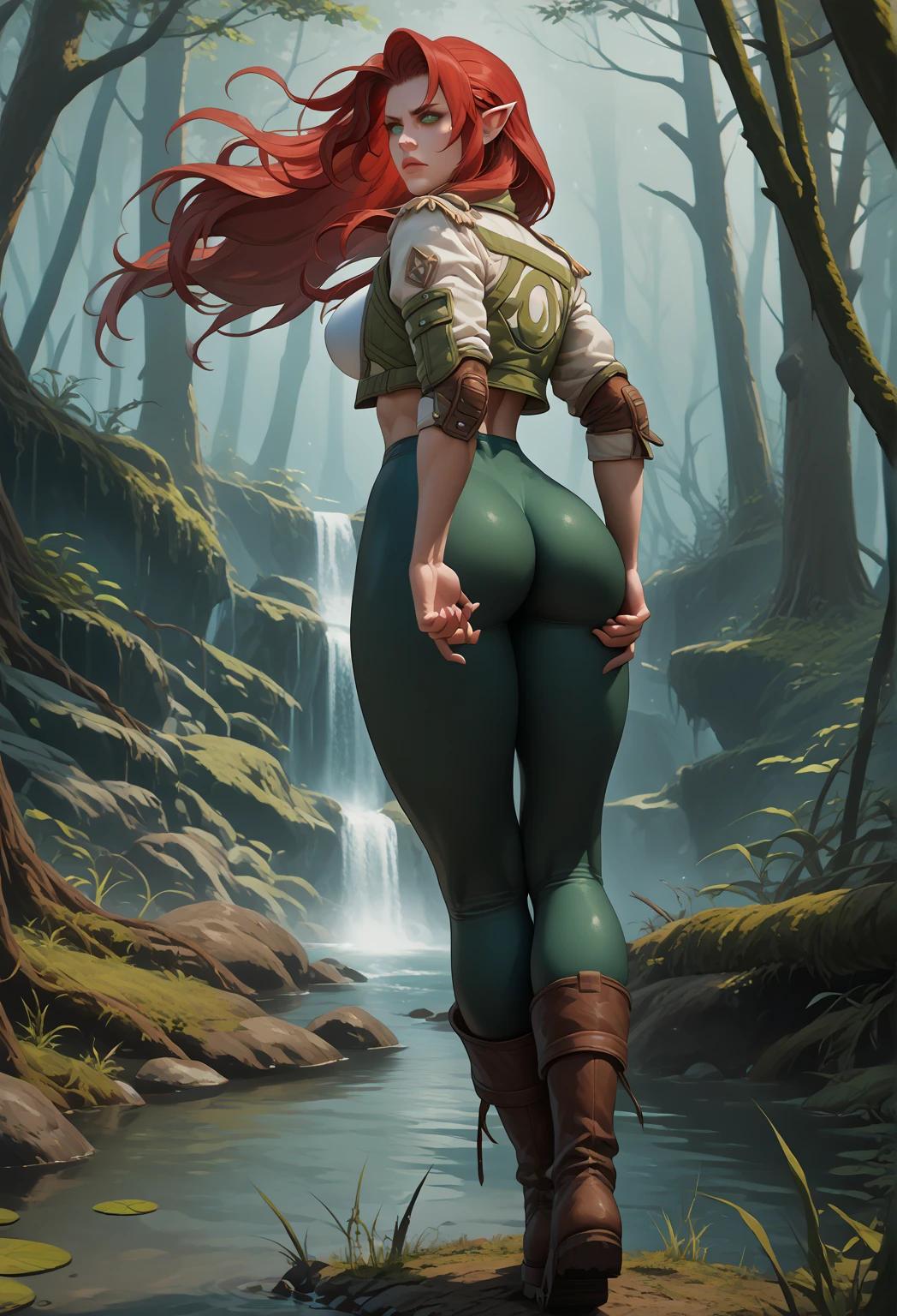 (masterpiece, best quality, high quality, extremely detailed, hyperrealistic, CG, unity, 4k), (beautiful forest elf, redhead, petite with visible curves, gradient skin,large breasts, round frim ass, slim narrow waist, beautiful detailed face, detailed eyes, detailed skin, skin pores:1.4), ((wearing skimy hunter dress)), enchanting gaze, full shot, seductive pose, side view, dimly lit, dark forest, looking at viewer, (solo:1.4),