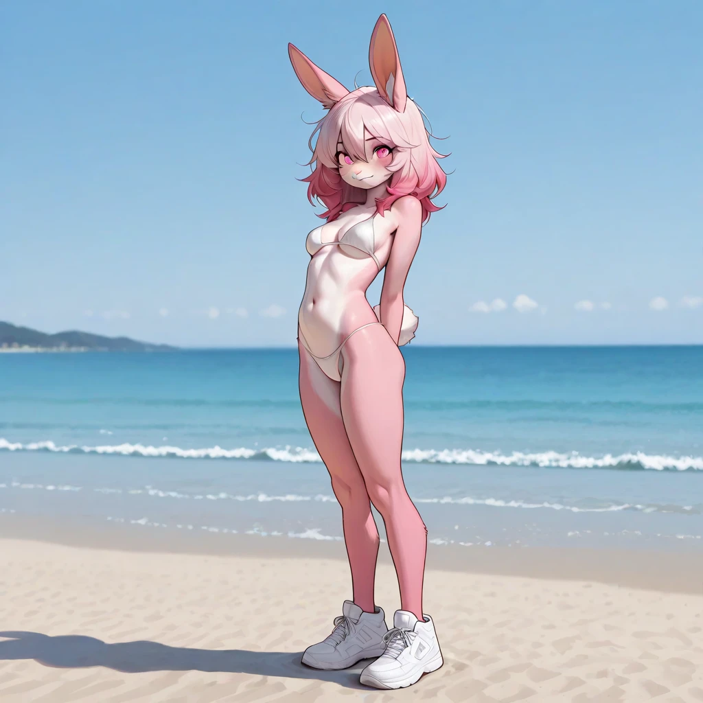 furry girl, young, rabbit, pink hair, emo hairstyle, long ponytail, anime style, flat chest, small breasts, red eyes, yellow hoodie jacket, open clothes, pink bikini, beach, clear sky, high quality, detailed body, detailed eyes, detailed face, masterpiece, glistening body, detailed body fur, best quality, one tone body fur, white body fur, skinny, aeghao, tongue out, rabbit ears, looking at you, gangbang, bukkake, huge ejaculation, spread legs, pussy fuck,
