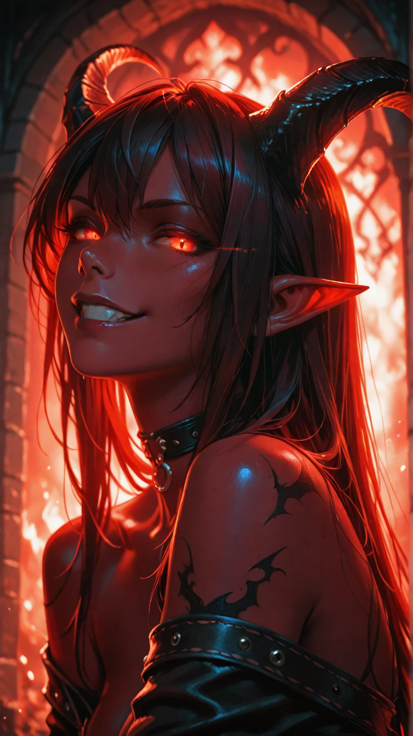 sehele style, anime style, (((tiefling))) warlock with (((crimson red skin))) and (((black, smoldering eyes))). Her (((horns curve elegantly backwards))), 8k, 4k, Unreal Engine 5, octane render, trending on pixiv, fanbox, skeb, masterpiece, smooth soft skin, big dreamy eyes, beautiful intricate colored hair, anime wide eyes, soft lighting, concept art, digital painting