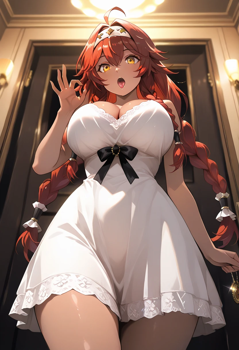 I am Hikaru, I am a white furred cat woman with long red hair along with cat ears and light black eyes with a black cat tail. I am 1.60 cm tall and weigh 46 kg, my breasts measure 300 cm, my waist 60 cm and my hips 200 cm. Dressed in a white mini skirt revealing the black thong I was wearing along with a short, tight black top. With big breasts 300 cm