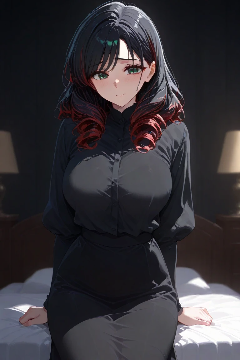 Extremely detailed, disorganized, ultra high resolution, super detailed, highest quality,
1 girl, alone, nice hands, perfect hands,
break,
(Wearing a winter uniform),
surprised, open your mouth,
sitting on bed, cuteポーズ, cowboy shot,
break,
thin, cute, perfectly symmetrical face, 超cute girl, 超cute face, highly detailed eyes, super detailed髪, 超cute, super beautiful,
Made by Canon EOS, SIGMA Art Lens 35mm F1.4, ISO200 Shutter speed 2000,
bedroom, bed,
big breasts, (cleavage:-1),
break,
(black hair, red eyes), hair between eyes