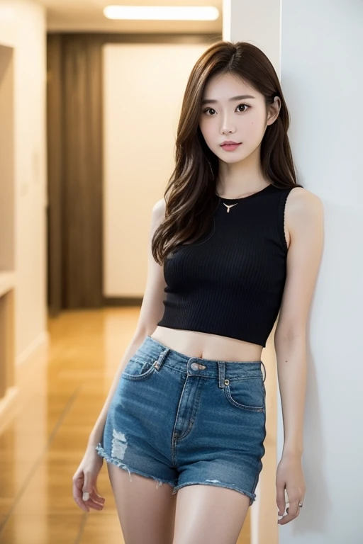 Masterpiece, high detailed, realistic, ultra realistic, ((hyper realistic)), woman with long hair, brown hair color, ((black t shirt / blue short pant)), smile, 16k,