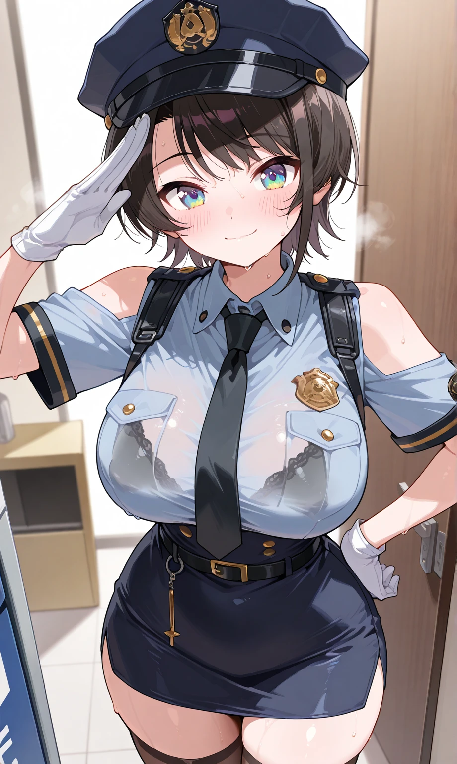 air groove \(umamusume\), masterpiece , high resolution , 8k best quality , realistic detailed , 1woman ,  police girl , wearing police office dress, japanese policewoman uniform, light blue short sleeved shirt, navy necktie, high waisted miniskirt, belt, white gloves, police hat, handcuffs , Sexy body , plump , big tits