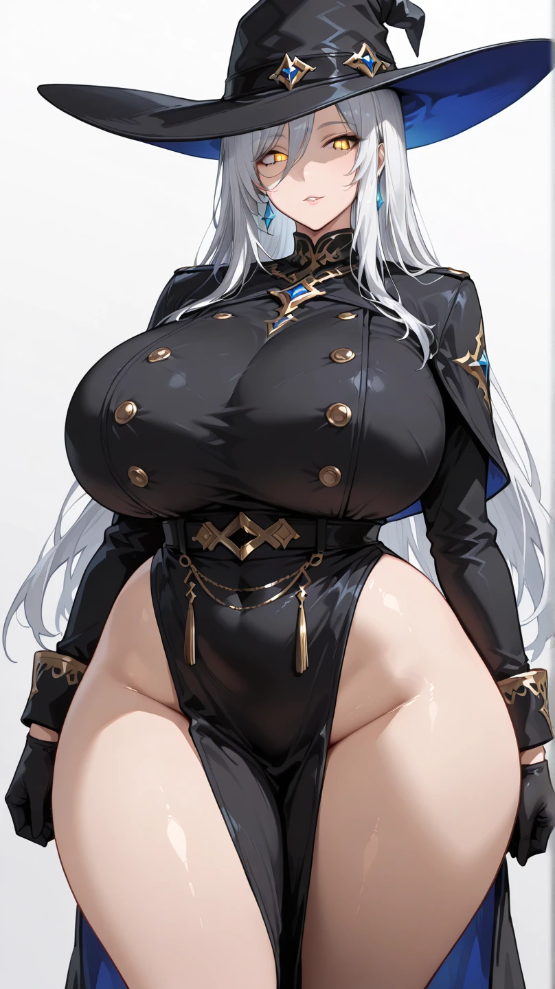 tmasterpiece, Best quality at best, 1 busty girl, Long gray hair, looking at viewert, :3, Cute big breasts, black school uniform, luring, the street, Denim lenses,Cleavage is large, curves, (((eBlue eyes))), Makeup Gremory,Blue hair, antenna hair, wavey hair, ((beautidful eyes,beautiful detail glow)),Colossal tits,H milk