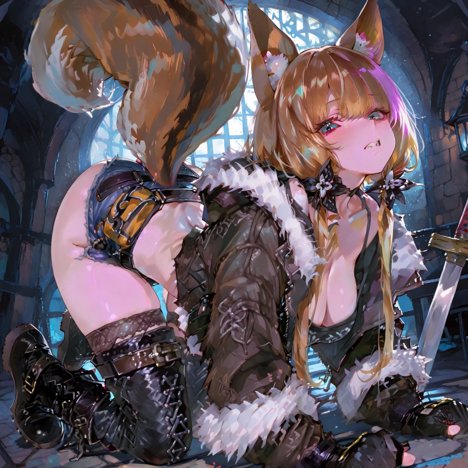 Motion Blur,Wielding a giant axe,Twist your body,Action pose,Sit down,Spread your legs wide,Leg spread,anger,shout,wolf headgear,
djeeta,Zeta,One Girl,Blonde,Shiny Hair,short hair,hair band,Brown eyes,teenage,cute,
very shiny 肌,Shiny body,plastic glitter 肌,exaggerated shiny 肌,illuminated 肌,
(Huge breasts, Glamour:1.1),(Huge hips),Tight waist,Long legs,curve,Cleavage,erotic,Bold,Revealing clothing,show 肌,
(Realistic eyes, Natural skin texture, Realistic facial details),
High resolution,Sharp focus,(Super detailed,Very detailed),(Very detailed CG unity 8k wallpaper),(((Vibrant colors))),{best illustration},
Beautiful Eyes,Symmetrical eyes,Big eyes:1.5,Seductive eyes,((complete anatomy)),Perfect Fingers,
 pubic hair,(erection of nipple),Camel Toe,　djeetawolf, wolf costume, headband,White mini skirt,wolf headgear, Battleaxe,

Mysterious underground labyrinth,A lantern that emits a soft glow,Dangerous Dungeon,dark,Mossy wall,Cracked cobblestones,Mysterious atmosphere,Medieval European style,