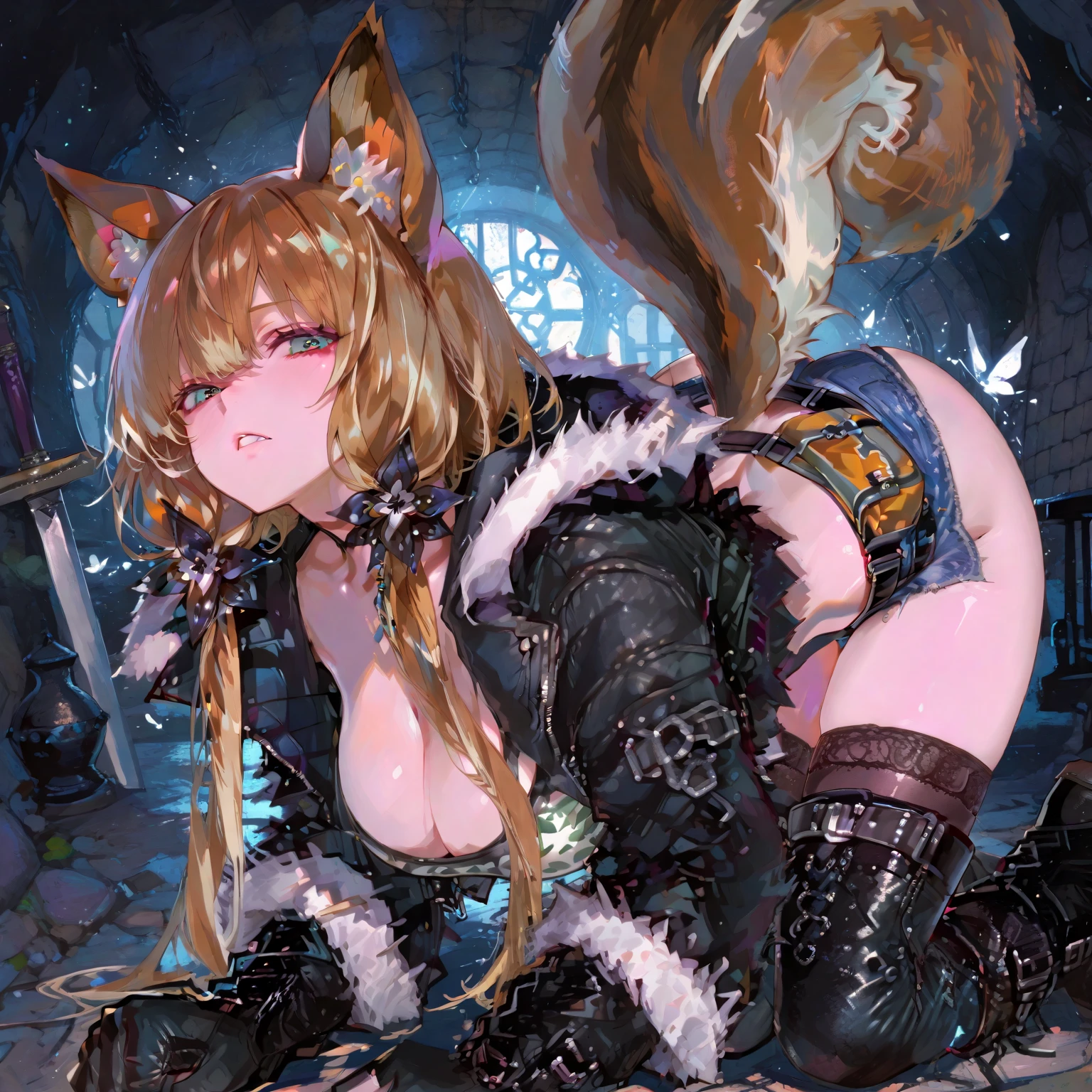 hand drawing, high detail, evil smirk, evil eyes, evil kitsune with tail, seductress in a sex dungeon, ((brown tail)), torture devices, whips, chains, rack, iron maiden, black leather bodysuit, panties, fishnet stockings, garters, brown hair, brown eyes, green torture magic