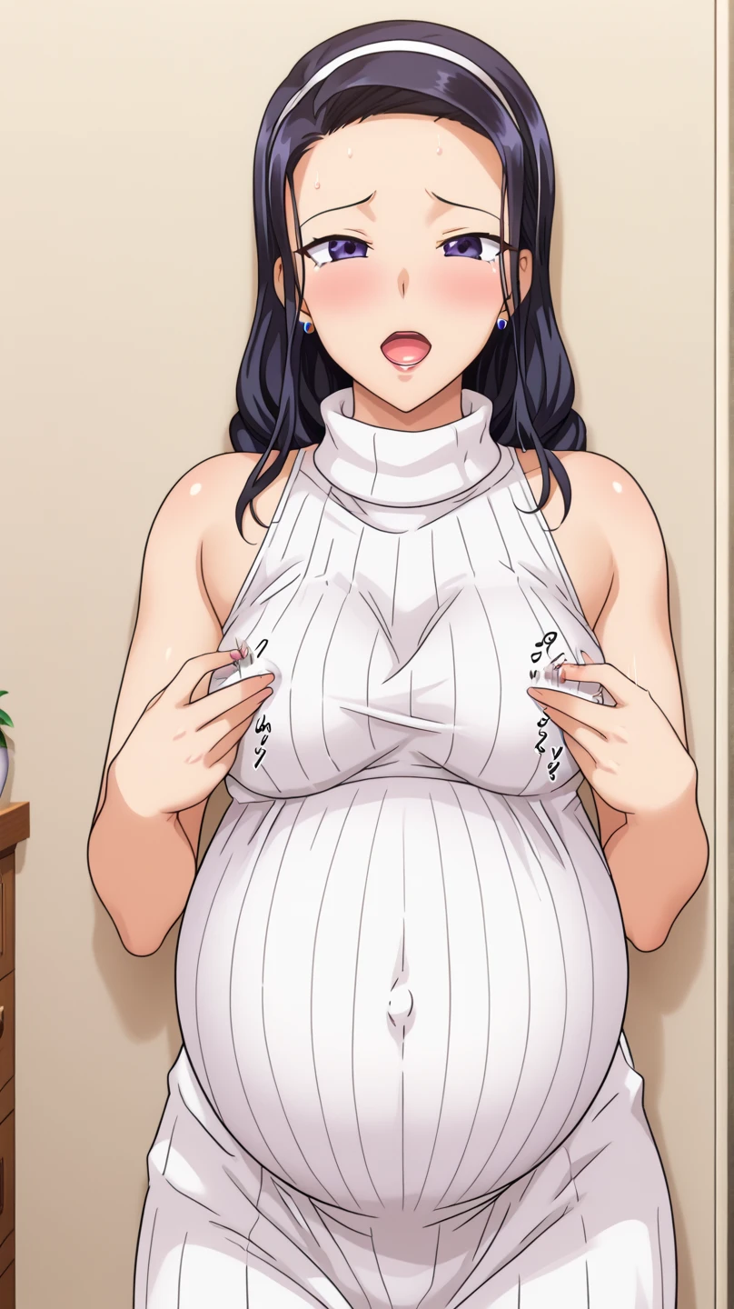 Humaira Arlita Huda, masterpiece, best quality, extremely detailed, anime, belly, , armpit, thigh, peeing, drooling, sweating, seduced, hypnotized, milk, touched, enjoyed, black eyes, black hair, hijab, short, squint eyes