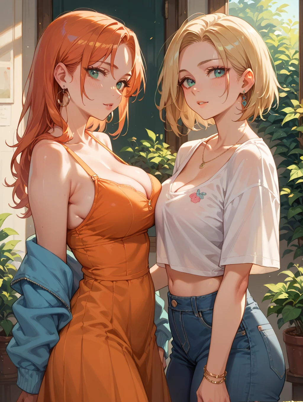 (masterpiece, best quality), best resolution, (2heads:1.5), 1girl, orange hair, different hair lengths, short hair, long hair, blue eyes, two pairs of glasses, happy, mouth open, mouth closed, white jacket with hood down, blue t-shirt, long blue jean pants, sitting on a park bench, park, close-up