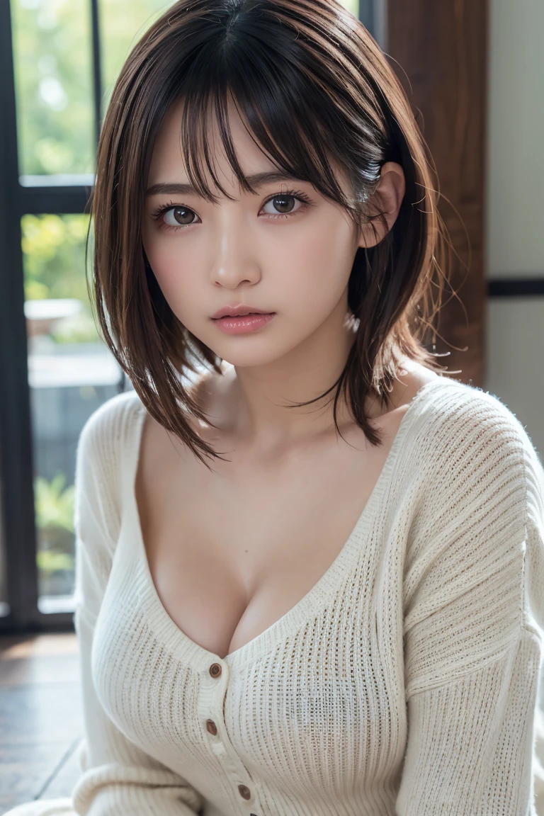masutepiece, Best Quality, Photorealsitic, finely detail, hight resolution, 8K Wallpapers, Perfect dynamic composition, foco nítido, A hyper-realistic, Beautiful detailed eyes, Medium Hair, large full breasts, Random and sexy poses, Bring your chest together, (Beige Tight O Neck Knit Tank Top, wide open cleavage:1.4, High cut pantier east bulge:1.2,(Emphasizes cleavage, Tank top with a clearly visible chest shape:1.3)), A smile, open open mouth, (drooing eyes:1.4), Beauty, japanes, 17 age,Nogizaka46 Idol,hposing Gravure Idol,, Shooting from front