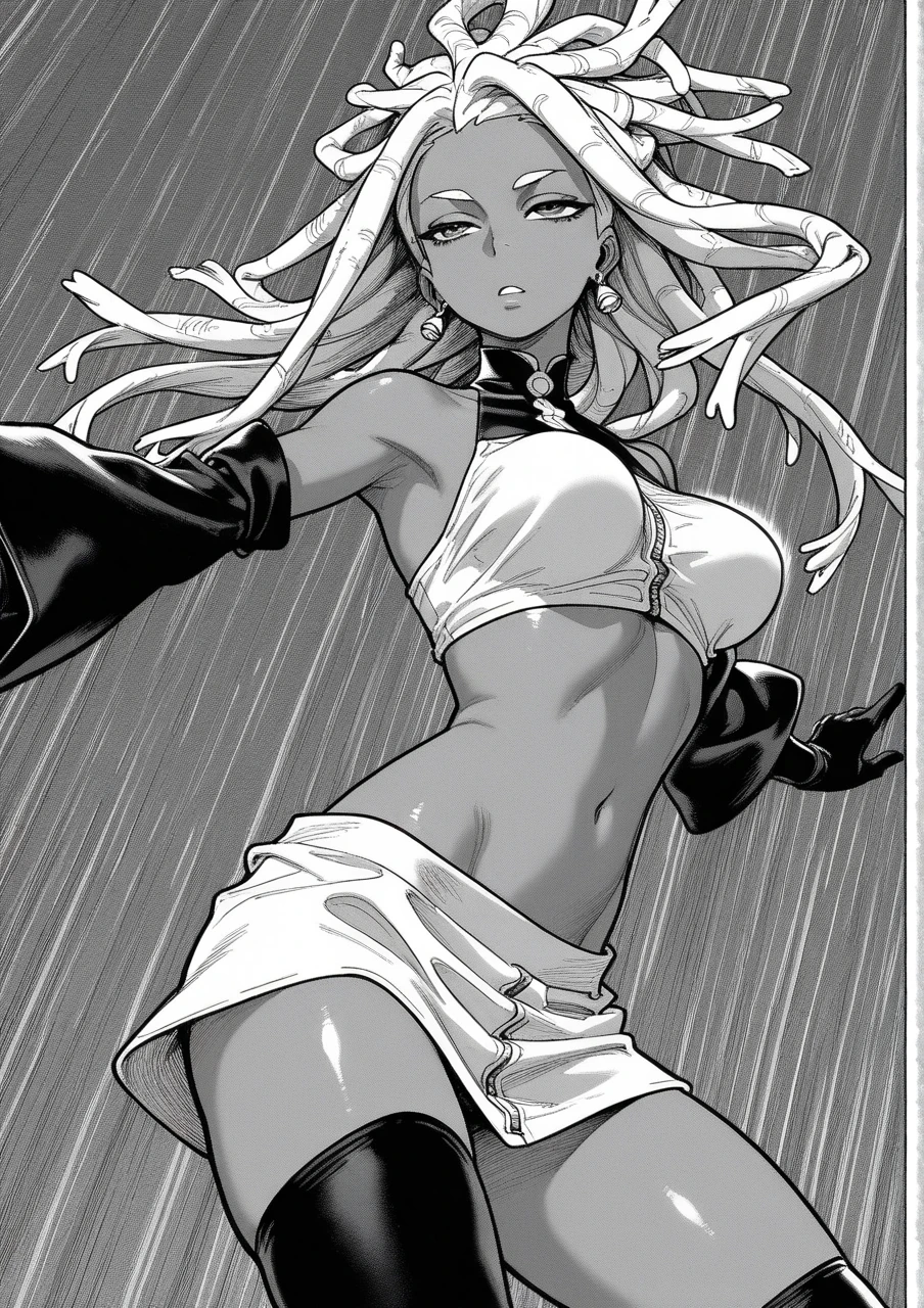 urushihara satoshi, masterpiece, best quality, high res, ultra-detailed, looking at viewer, 1girl, solo, cowboy shot, large breasts, bare breasts, confused, bikini, full-length, looks at the viewer, monochrome, halftone, drawing, manga, from below, <lora:add_detail:1.8>, <lora:Uruv1:0.5>, <lora:Rit5015:0.8>