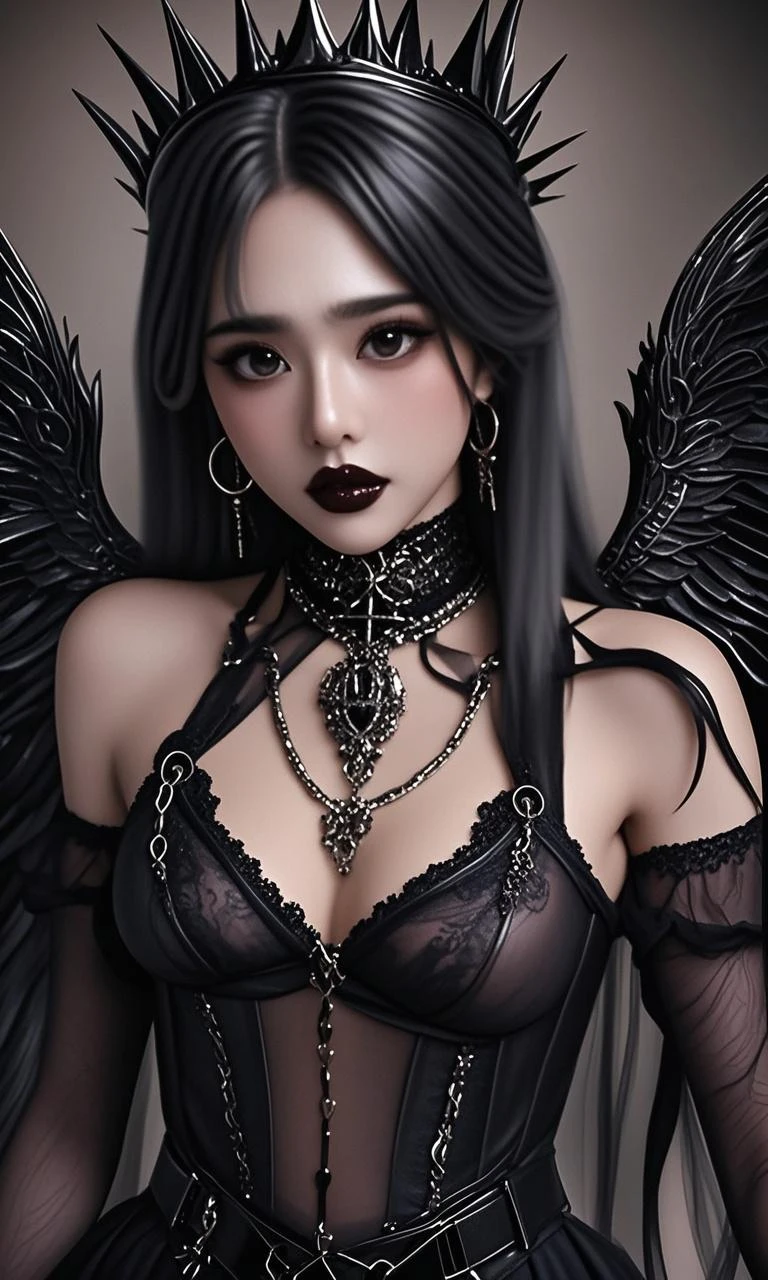 (gothic woman,goddess,long black hair,pale skin,nude,tattooed,demon wings,horns,very sexy),oil painting,ultra-detailed,highres,professional,portrait,vivid colors,dramatic lighting