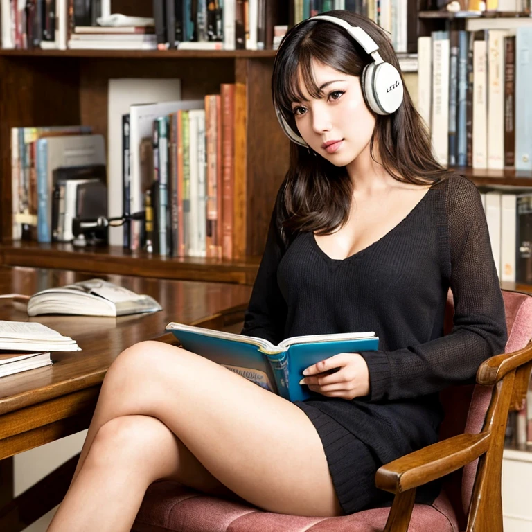 1Japan girl is falling asleep while reading a book in the library,Sit on the sofa,Underwear,(open the legs widely),Perfect Anatomy,