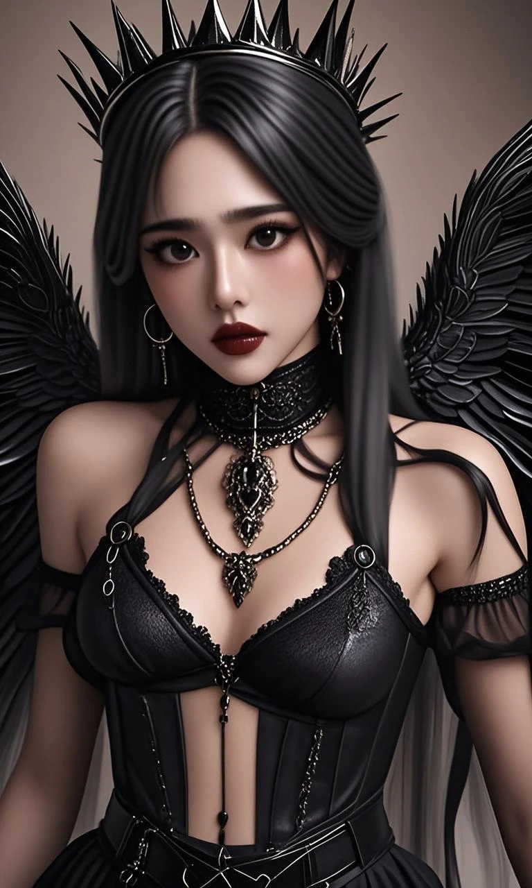 (masterpiece:1.3), (8K, Realistic, RAW Photos, Best image quality: 1.4), (Highest quality、masterpiece、Ultra-high resolution、(Realistic:1.8))、(((whole body)))、(((Fair skin、Goddess Athena、Super-level demon、Fall into Darkness、An angel who became a devil、Golden Staff、Tattoo、Tattoo)))、(((Huge jet black devil wings on the latissimus dorsi、Black plumage、Horrifying Black Feathers)))、Black rose tattoo on shoulder, ((Gothic Costume、black goth fashion、Gorgeous Dress))、(((Golden Necklace))) , One person、(Two arms, Perfect Fingers、Beautiful fingers)