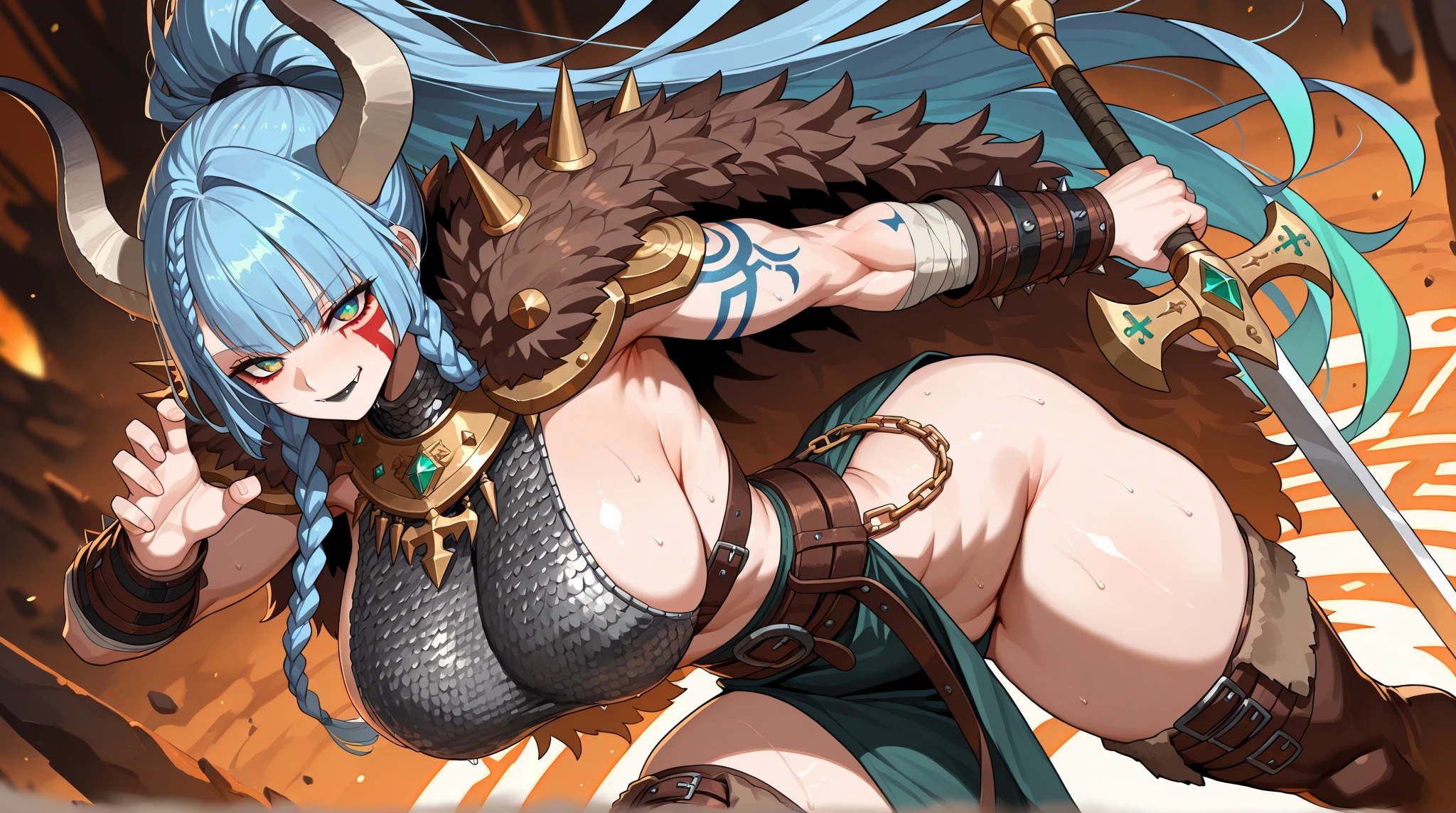 ((monsterhunter)), looking the viewer, solo, girl, shy, red cheek, bashful, embarrassed, smiling, perfect face, muscular, ((big breasts)), ((big boobs)), long hair, beautiful eye, warrior