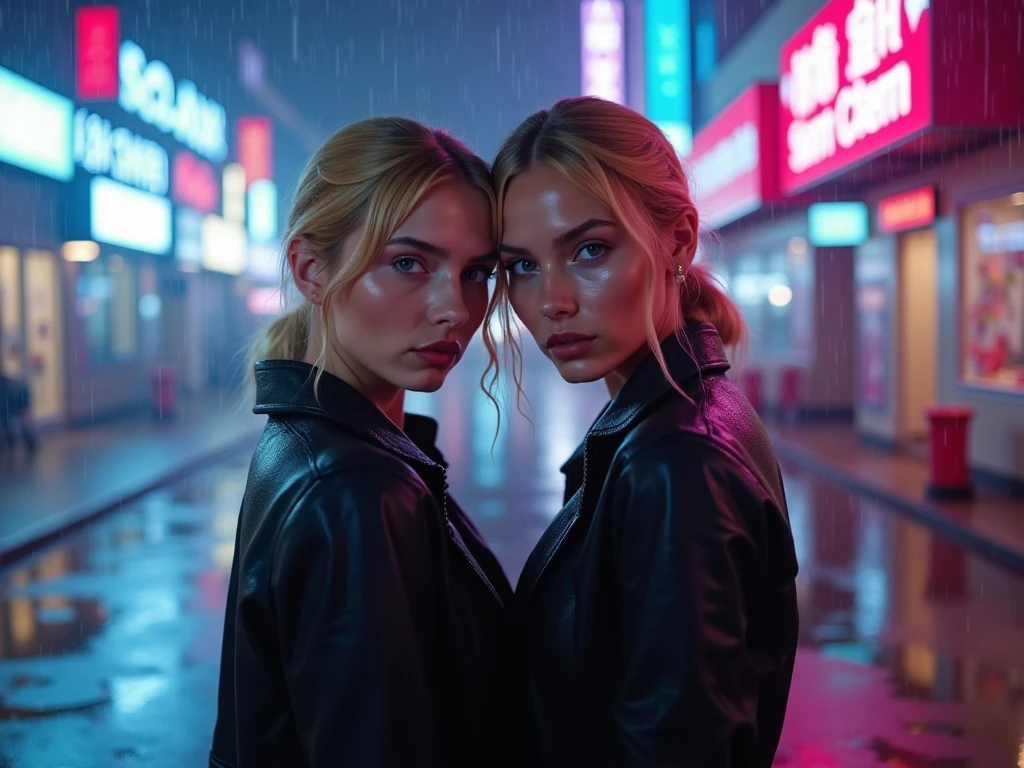 young homeless woman with crazy short blond hair and green eyes, pretty, sexy, loose-fitting tank top, in rain at night in city, moody, looking at viewer, dramatic lighting, portrait photography, (depth of field), ((masterpiece)), ((best quality)), ((highly detailed))