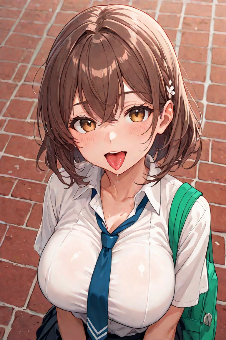 beautiful detailed eyes, yellow eyes, half-closed eyes, tareme, (1girl, aston machan \(umamusume\), umamusume), (opened big mouth, licking, Sticky tongue), nsfw, (close-up mouth), (curvy, Slender),(cleavage), from above, Highest quality, Super detailed, masterpiece, Ultra-high resolution, 8k, Embarrassing, blush, Lovely, (With tears in my eyes), Sticky saliva