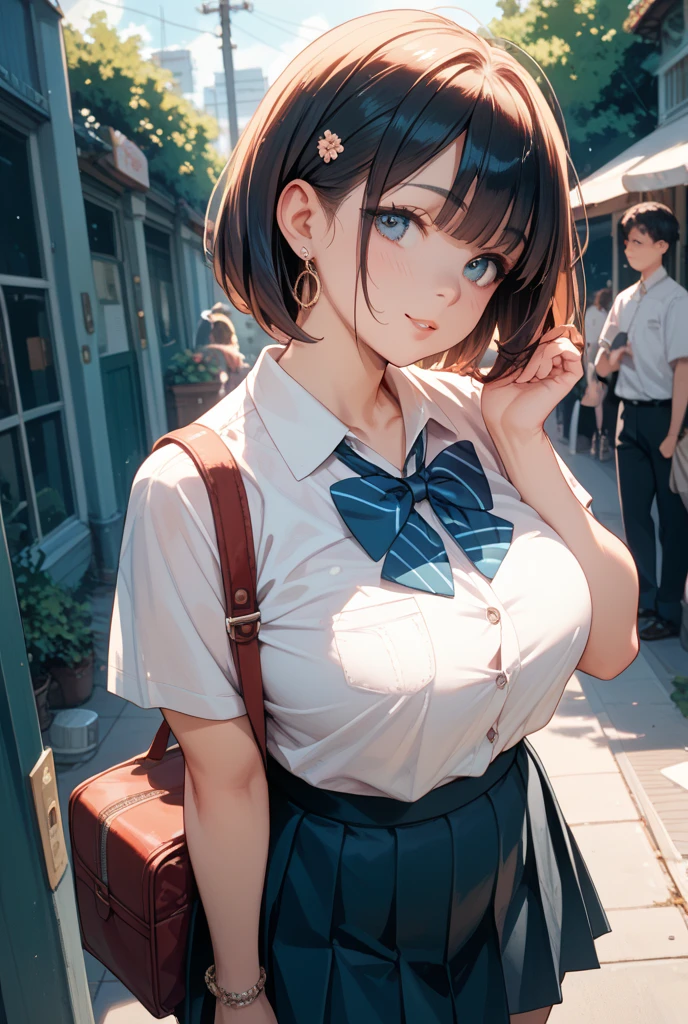 ((top-quality、8K、masterpiece:1.3))、女の子1人、In a town where many people walk、Slender Abs、sofas、hyperdetailed face、A detailed eye、二重まぶた、very Bigger breasts、large full breasts、Colossal tits、Neat and clean schoolgirl、short-hair、Straight bob hair、Shorthair with bangs、A smile、Schoolgirl Uniform、lowfers、Female genitalia visible from skirt、An 18-year-old woman、Sheer white shirt、Unbutton and unfold the shirt、Exposing breasts、Navy blue ribbon at the collar、Dark blue pleated micro mini、Sexy、Peek at the viewer、Beautiful graphics、Bright and sunny main street、There are a lot of people、Show me your whole body、Beautiful legs、fully body photo、is standing、No bra、teats see through、The shape of your nipples is noticeable even under your shirt.、No panties、No panties、Detailed female genital shapes、Black pantyhose、(Facing the front)(((Blushing cheeks、embarassed expression)),(((The skirt is rolled up by the wind)))、Showing female genitalia、、depth of fields、Bokeh in the background、Please choose one'skirt in the crowd、Found in many men