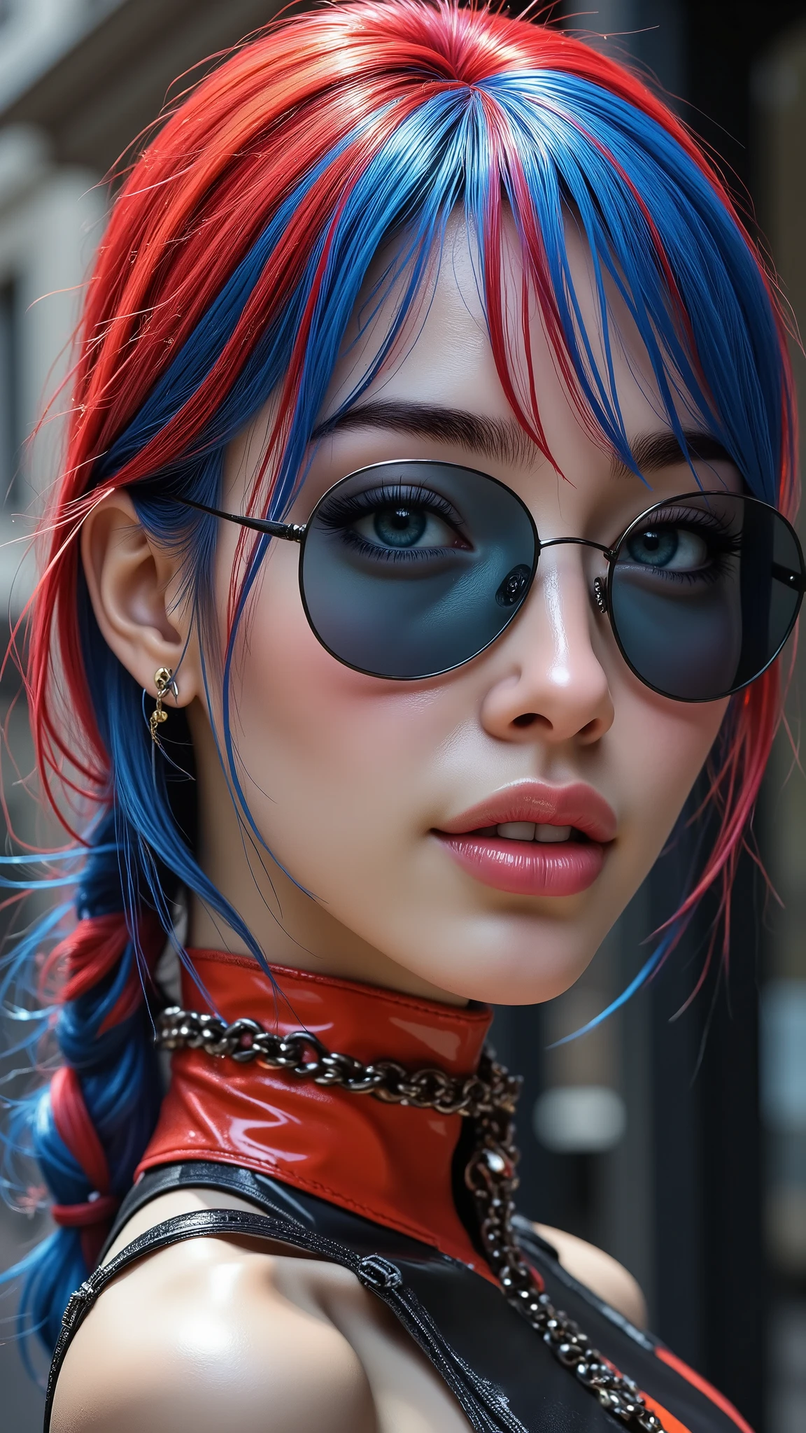  [Style: "masterpiece, realistic, (photo realistic Realism), ultra-detailed, Hyper high resolution"](Key Directive: - ("The priority is the anatomical accuracy and texture of the materials" - "Ultra-sharp human eyes with biological accuracy") { "Eyes: (acid-resistant terminology) (macro-details:1 . 5): * Moist corneal surface (visible aqueous layer:1 . 2) * Hyper-detailed iris stroma ((brown) with gold flecks) * Precise limbal ring (slightly darker pigmentation:1 . 22) * Pupil micro-texture (irregular edge authenticity:0 . 9) * Vasculature in sclera (subtle red veins radiating from limbus)" - "Lashes: blue individual synthetic fibers (crosshatched roots:1 . 2 , clump-free separation)" Technical Specs: (Optics: - "Zeiss Otus85mm f/1 . 4 lens (eye refraction calculations:1 . 3)" - "Shutter Speed:1/500 (freeze eye micro-movements)" - "Focus Stacking:7-point coverage on iris plane") (Post-Processing: - "Frequency separation for skin vs eye details" - "Selective sharpening: eyes200% , hair80%" - "Denoise: luminance20 , color35 (retain corneal speculars)") (Avoid: "pupil distortion , uncanny valley asymmetry , plastic-like wetness") ((a cute and very beautiful, 1 Japanese, 30yo, famous Kpop idol:1.35)), (ultra realistic texture details: velvety skin, hair),(extremely beautiful face), (Fake breasts:1.3), perfect female body,(((Beautiful long legs in good style:1.3))),((no bra, no panties:1.3)), (medium butt),((perfect female thick hips)),(perfect hot model body:1.4),((slim belly: 1.2)),(muscular body),((red and blue stylish hair:1.35), extremely detailed:1.33), dressed in a slave outfit (made of latex:1.3), (dressed in tank top (latex with chains:1.3)),long pants (tight black lace-up latex:1.4)., Depth of field, cinematic light, Lens flare, dslr, best high quality soft lighting, sharp focus captured by Fujifilm XT3, f 5.6,(((full body shot:1.5)))
