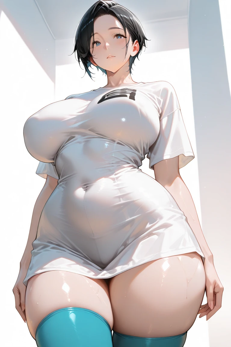 1girll, 独奏, White polo shirt, White sneakers, tennis wear, white mini-skirt, tmasterpiece, Best quality at best, realisticlying, ultra - detailed, (shiny skins, perspired:1.4), absurderes, looking at viewert, with short black hair, with brown eye,slenderness,Dynamic light and shadow,A high resolution,Sharp focus,depth of fields,The eyes are delicate,Sharp pupils,pupil realistic,(smallunderboob:1.6),(Thigh thick:1.0),exteriors,Skysky，huge tit
