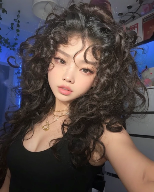 masterpiece, best quality, beautiful black and Asian mixed 19 year old, brown skin female, long, frizzy, curly black hair, perfect face, half body, long hair, melanin, curly dark hair