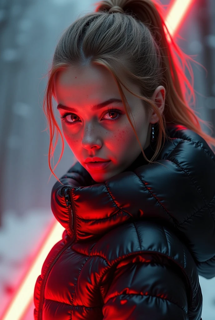 a slim ponytail angry sith wielding her bright lightsaber, she is walking in room full of jedi,beautiful detailed bright red-colored eyes,beautiful freckles,beautiful detailed lips,extremely detailed eyes and face,longeyelashes, wearing beautiful detailed skintight airtight covering-head hooded armored formfitted duvetica overfilled overinflated shiny hyper gleamy thick hyper glossy puffervest covering her padded high-collared pufferjacket, glossy latex leggings,symmetrical,masterpiece,cinematic,lifelike,hyperrealistic,8k,photorealistic,highly detailed,intricate,exquisite,elegant,beautiful,stunning