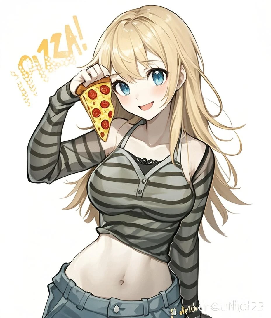 ((Masterpiece)),((High quality)),((High resolution)),((Extremely accurate and detailed representation of the human body)), A woman with narrow eyes, very small breasts, wolf hair, wearing camisole, exposing her navel, a zip-up hoodie revealing her shoulders. She holds a slice of pizza in one hand, wearing a bright smile.