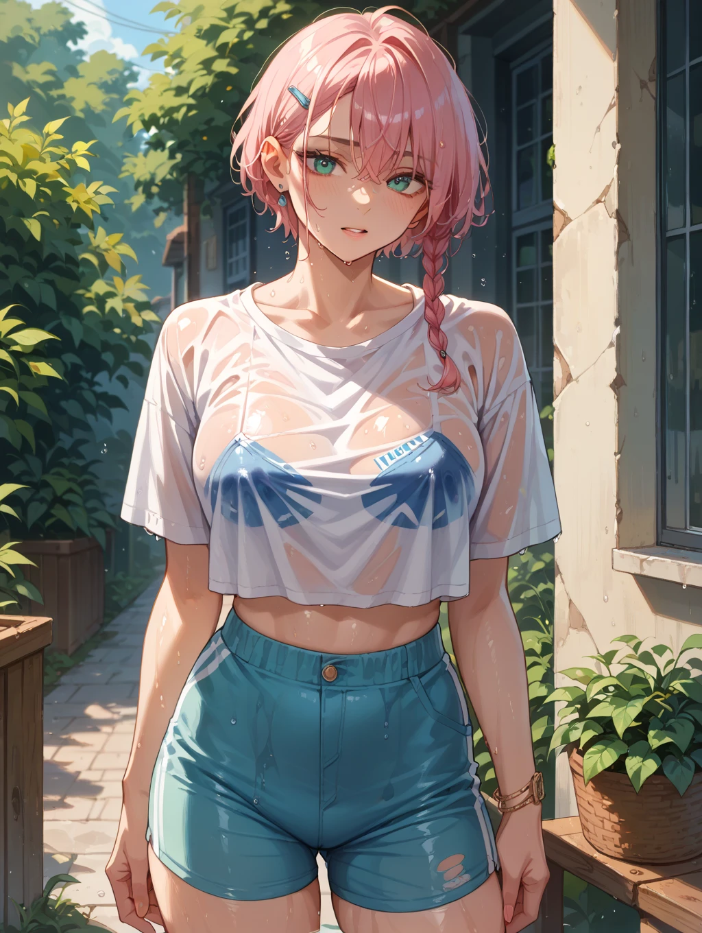 Town、Athlete girl、Pink Hair、short hair、Black choker、Running、Big Breasts、Emphasize the chest、????? nipples、See-through T-shirt、揺れる胸