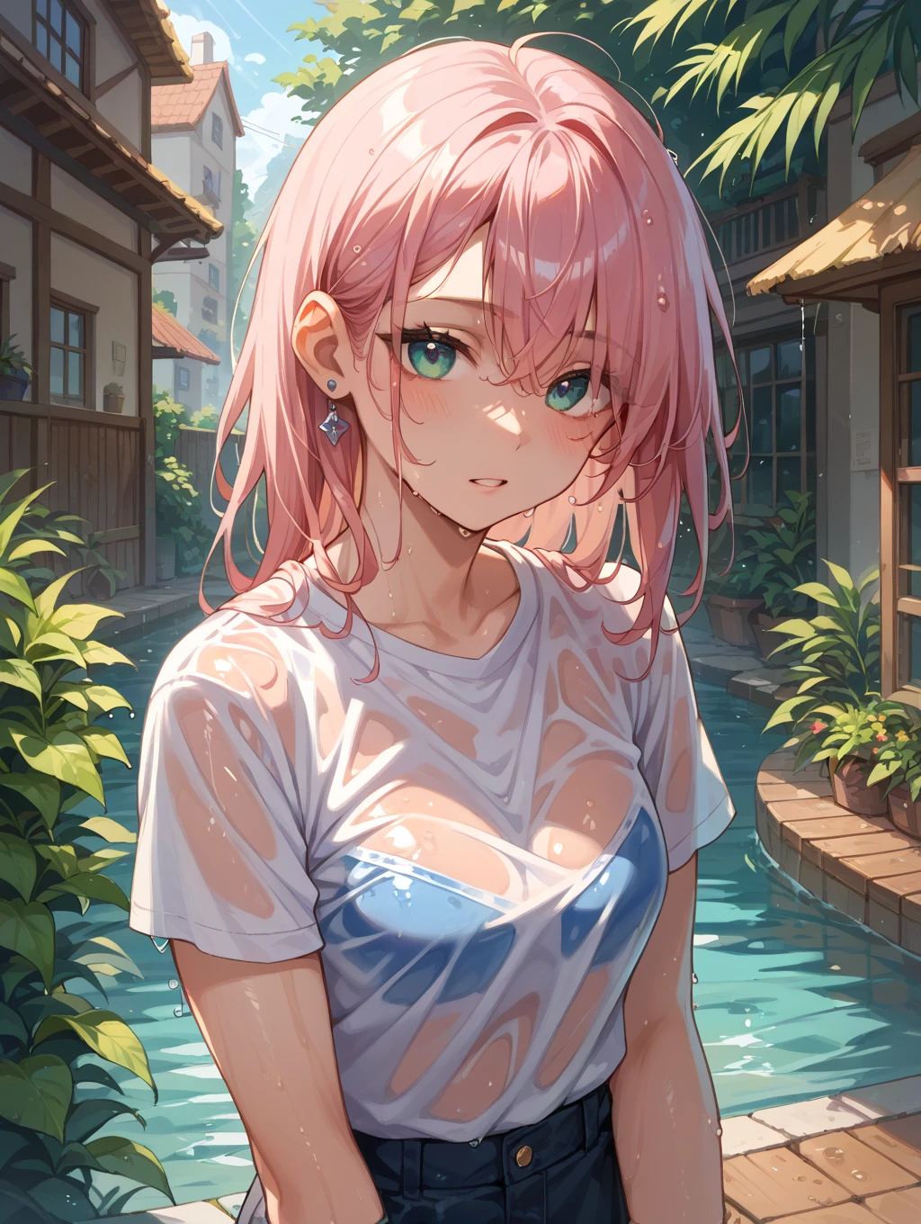 Magazine cover(masterpiece, best quality:1.2),woman，（（（The eyes are delicate）））（（Wet clothes）），Pink underwear，outdoor，rain（8K）（HD）