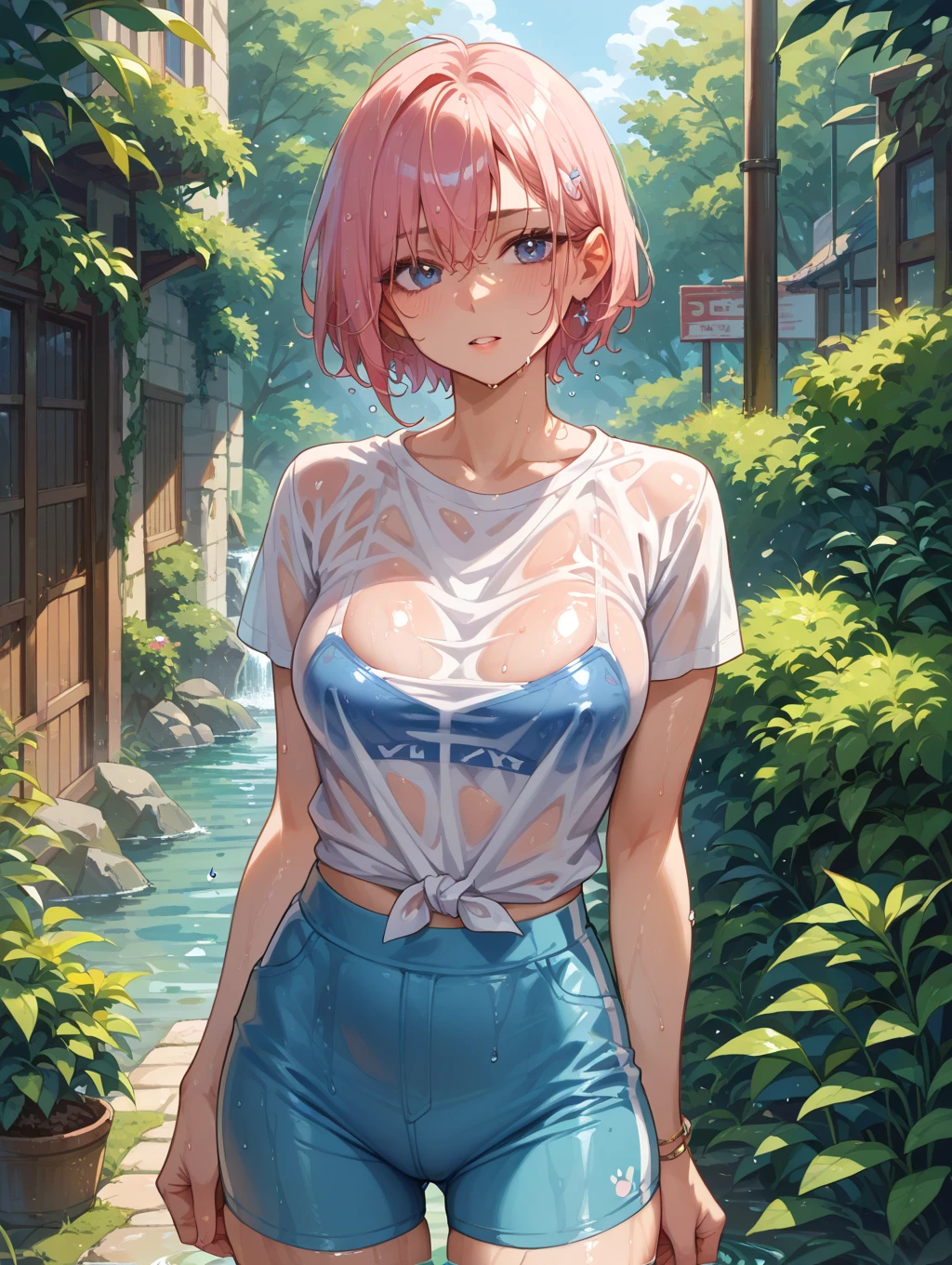 A girl, Best Quality, Waterproof clothing, wet clothes, Lifting Shirt, pink blouse, shirt.