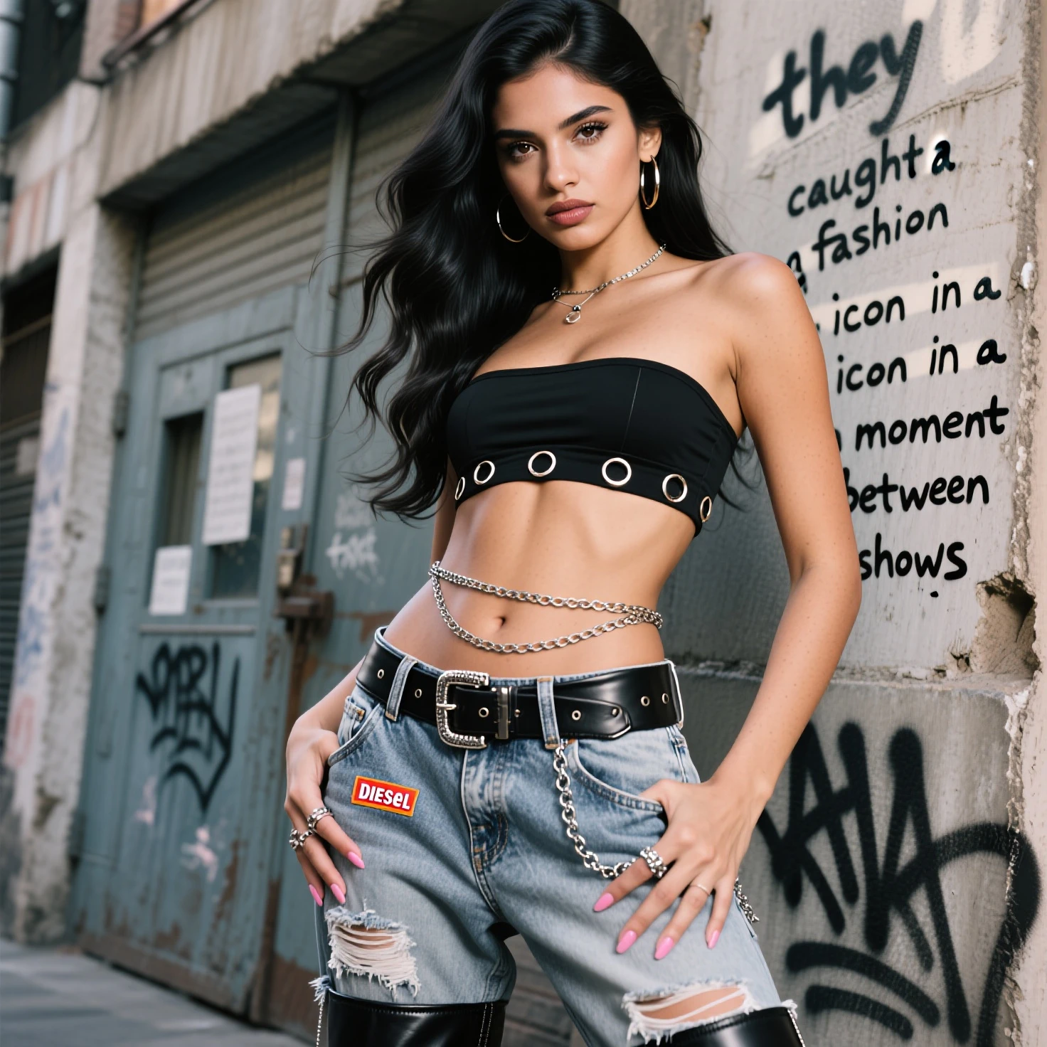 Obra maestra, increible joven mujer de hip hop la Suprema, 28 years old, Perforation of the ring in the nose, Amazing body, hermosa, demasiados tatuajes,Atractiva, elegante, Designer, negra, Graffiti, arte callejero, foto de vaquero, manos cuidadas.