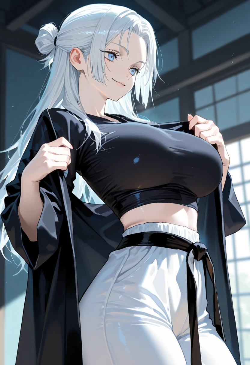 Bigboobs,cropped shoulders,White color hair, ponytail,Stand up,sporty attire,camisole , nsfw , having sex